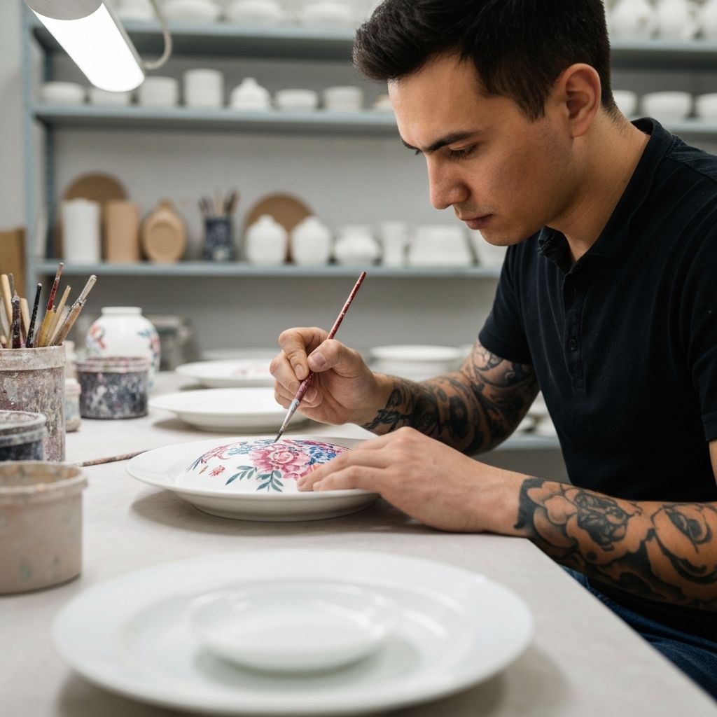 Skilled artisans hand-painting ceramics